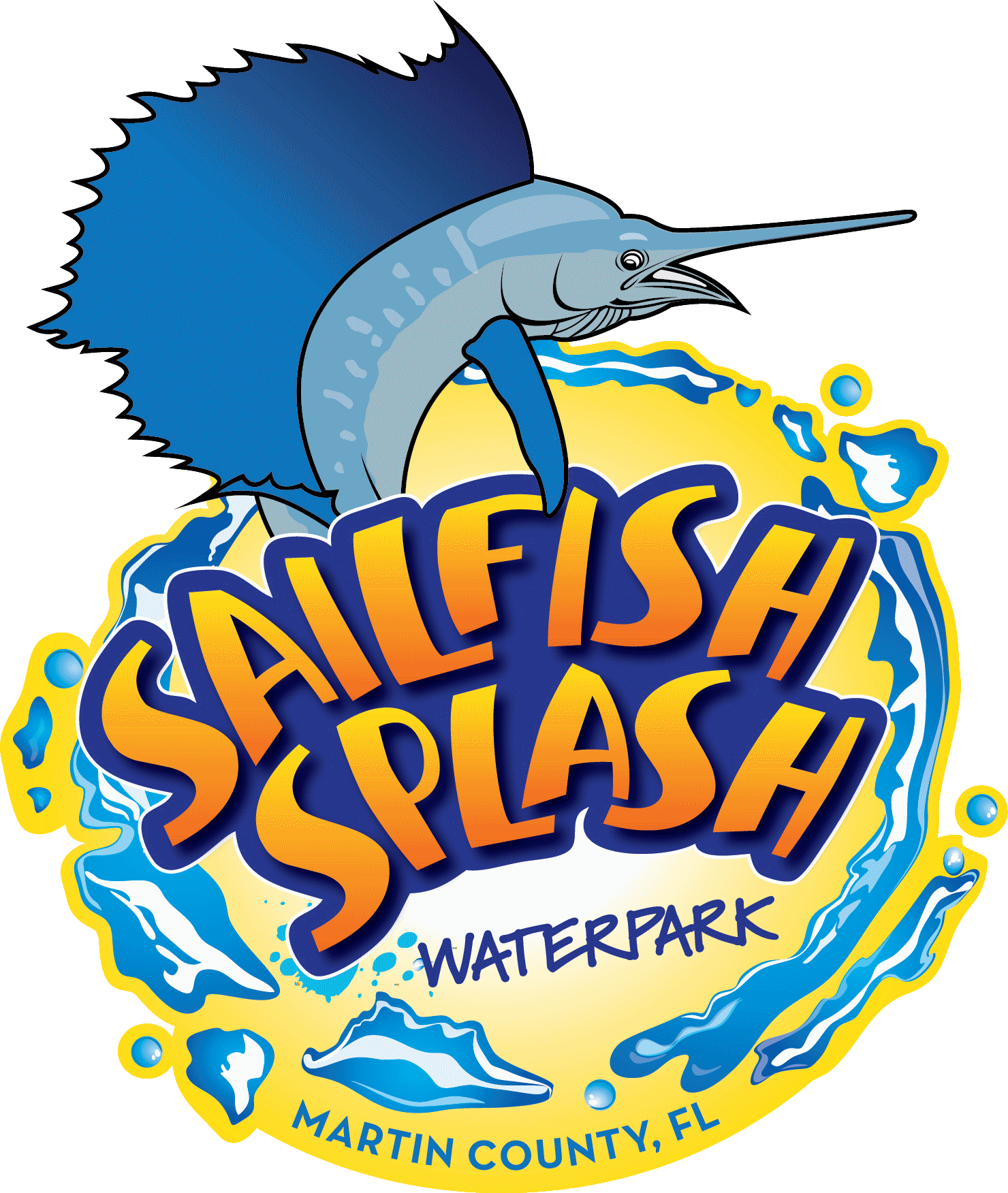 A cartoon, blue sailfish over Sailfish Slash text that is circled in droplets of water.