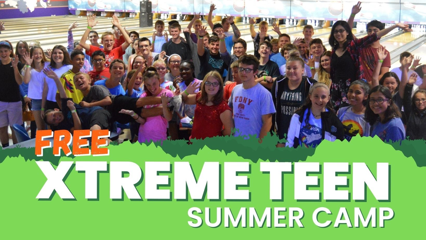 Image of a group of teenagers at the bowling ally with text that reads "free xtreme teen summer camp"
