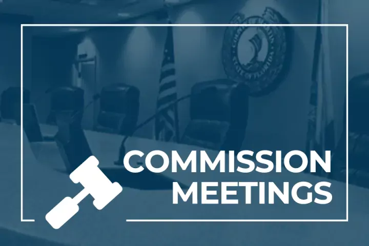 Commission Chambers and text that says Commission Meetings