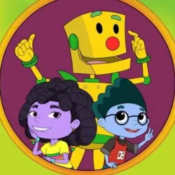 A yellow robot and two children