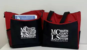 Book Discussion image showing two MCLS book bags with a discussion guide in teh left book