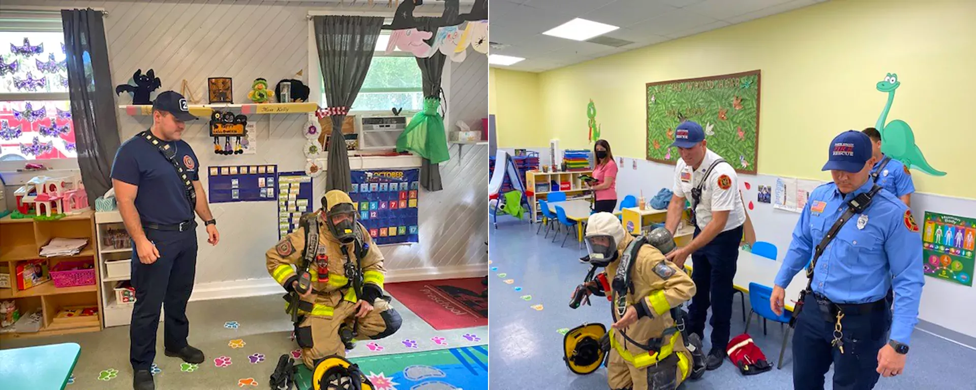 Firefighters teaching kids fire safety in a classsroom