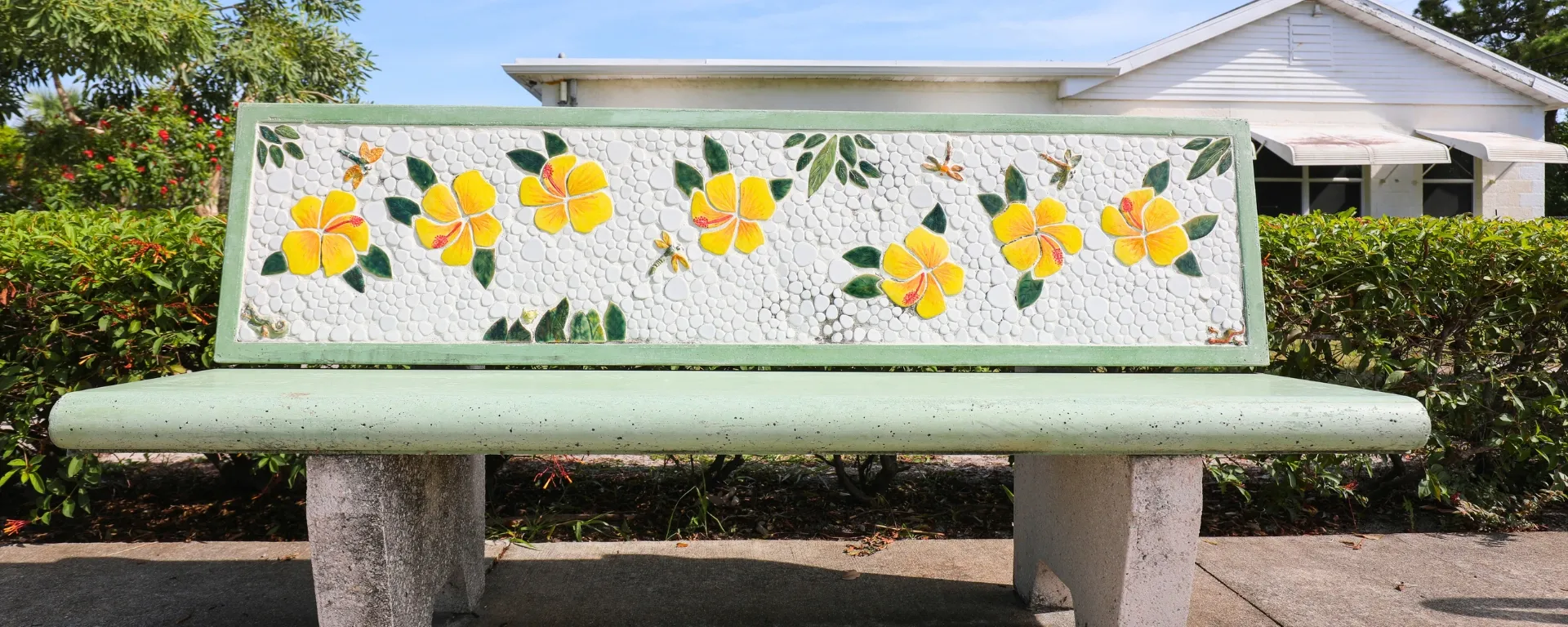 Image of a mosaic bench in Rio by artist Mia Lindberg as part of Martin County's Art in Public Places