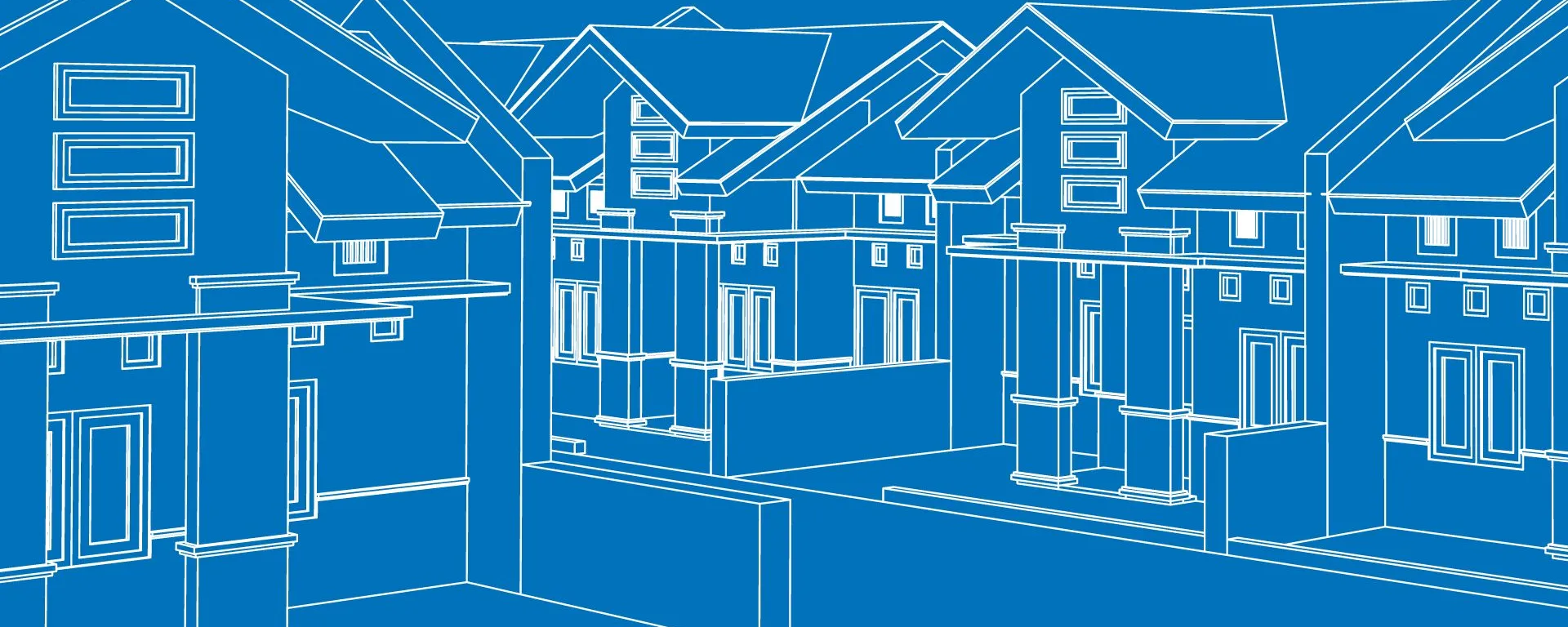 Image of a white outline illustration of houses against a blue background.
