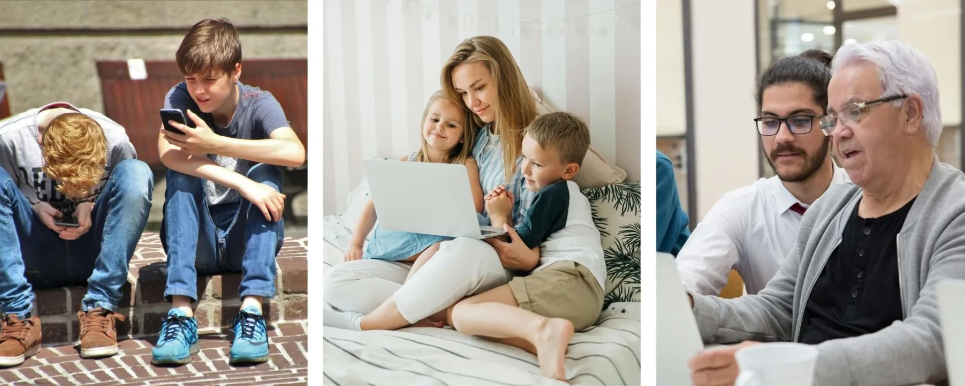 Three pictures, from left to right: Two teens looking at their phones, woman looking at a laptop with small children by her side, two men (one with grey hair) looking at a computer together.