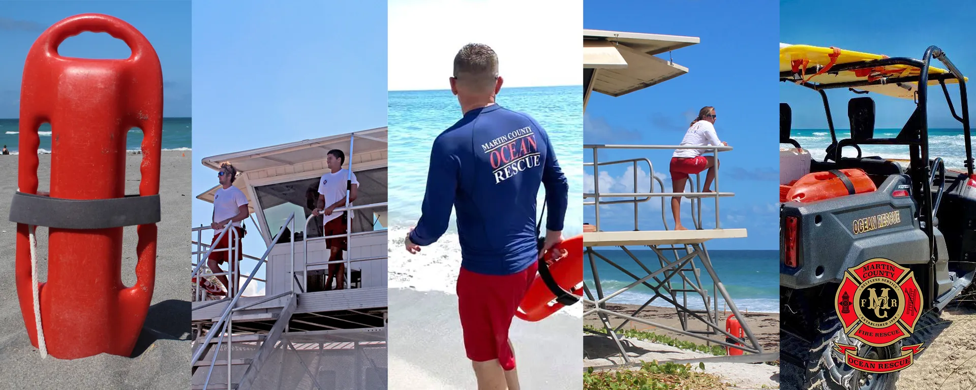 Martin County Ocean Rescue lifeguards and the Martin County Fire Rescue Logo.