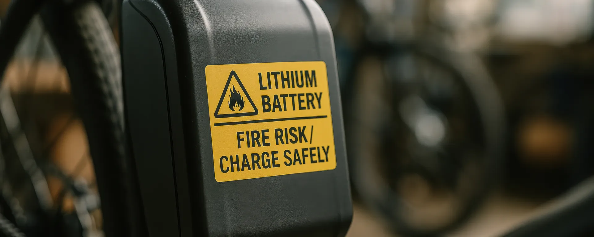 A lithium battery pack mounted on an electric bike displays a fire safety warning label, emphasizing proper charging practices and caution.