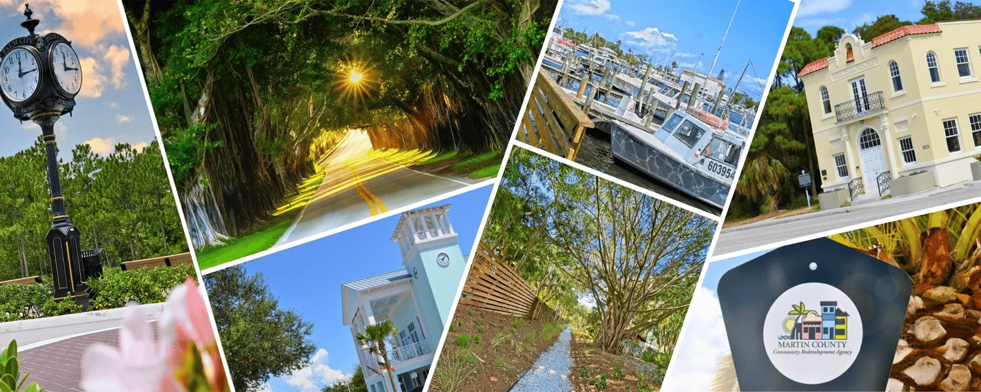 Collage showing landmarks and streetscapes from Martin County’s six CRA districts: Golden Gate, Hobe Sound, Jensen Beach, Old Palm City, Port Salerno, and Rio.