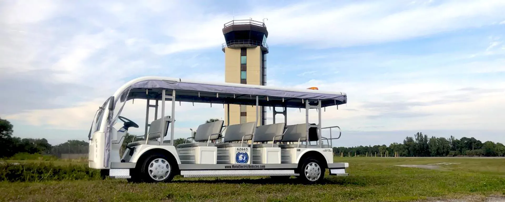 The tram parked near the flight tower at Martin County Airport