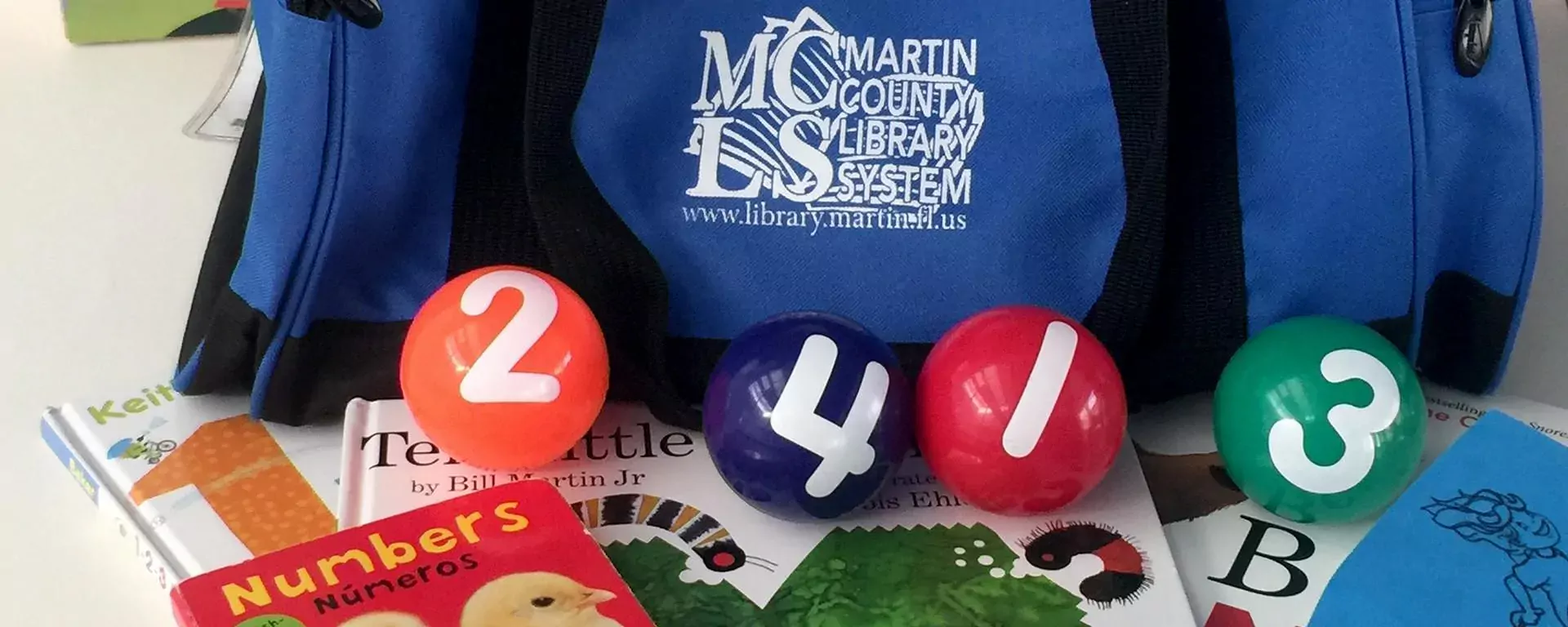 bag with numbered balls and books for a number-themed story time at home