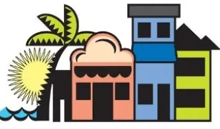 Three animated buildings with a coconut-like tree and a sun.