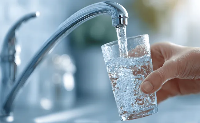 Pouring fresh drinking water into glass from kitchen tap.