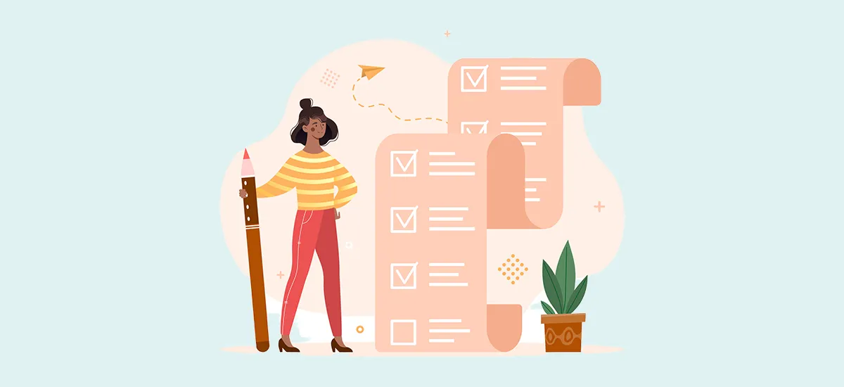 A women standing holding a pen beside a big paper and a plant