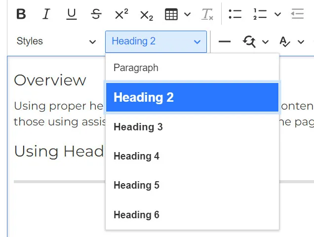 Choosing the proper heading level in the Content Editor.