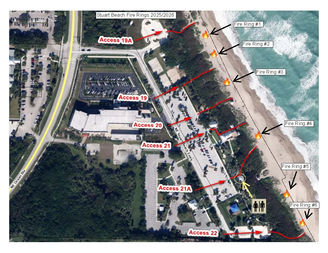 Map of Martin County beach coastline showing fire ring locations and beach access points. A full text description of fire ring locations follows below.