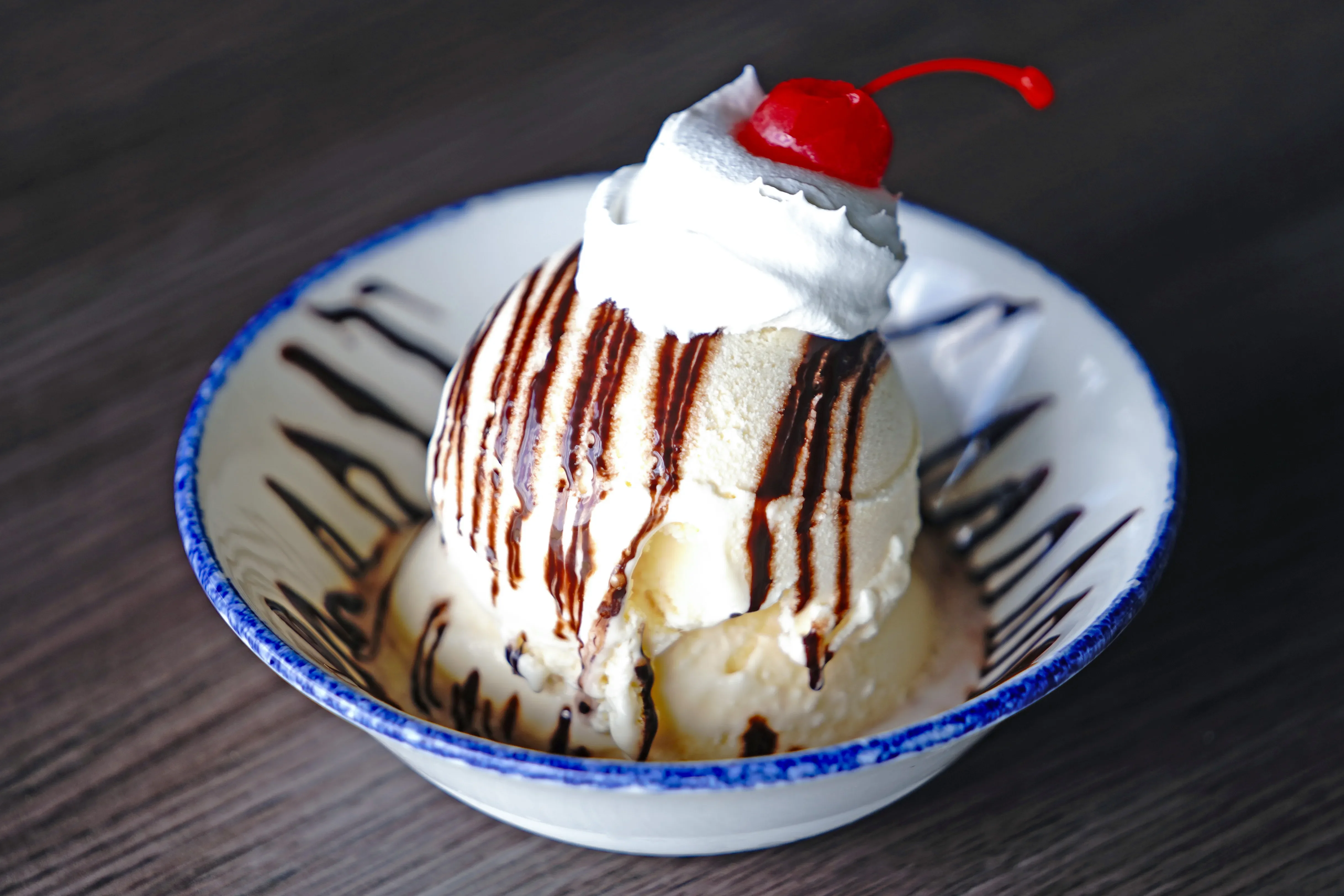 A bowl of vanilla ice cream with chocolate syrup, whipped cream and a cherry