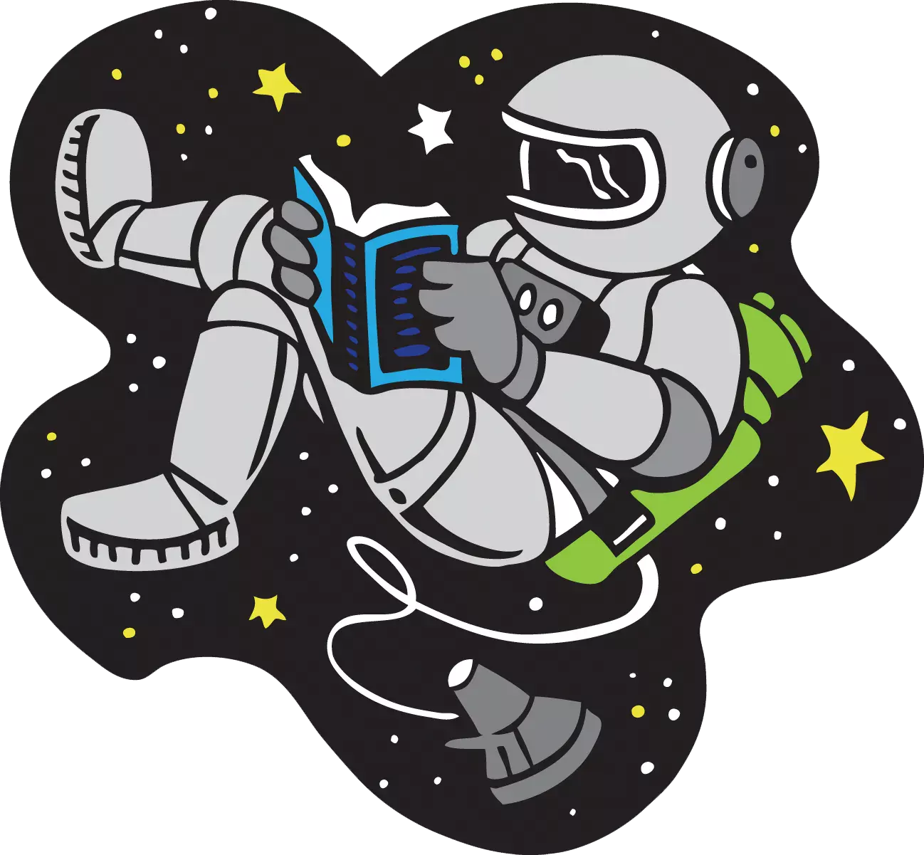 Cartoon clip art of astronaut reading while space walking